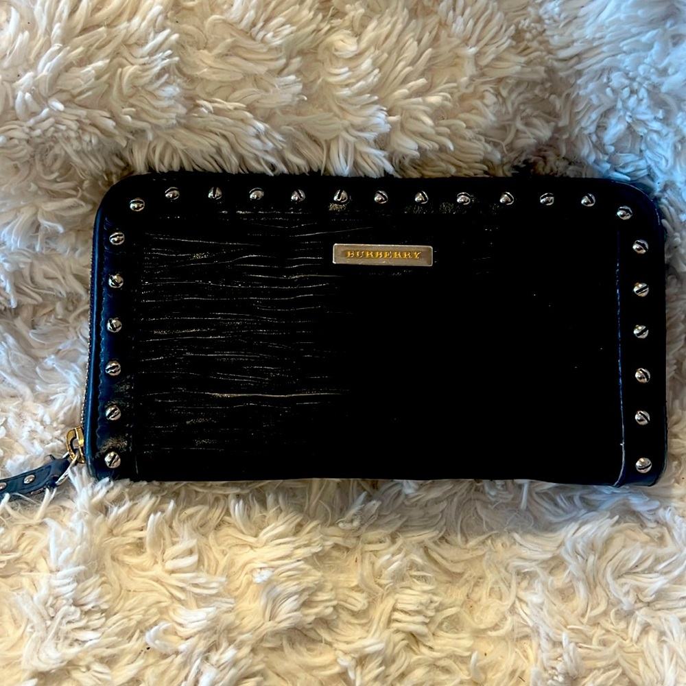 Burberry Long Black Studded Pre-loved Leather Wallet Made in Italy